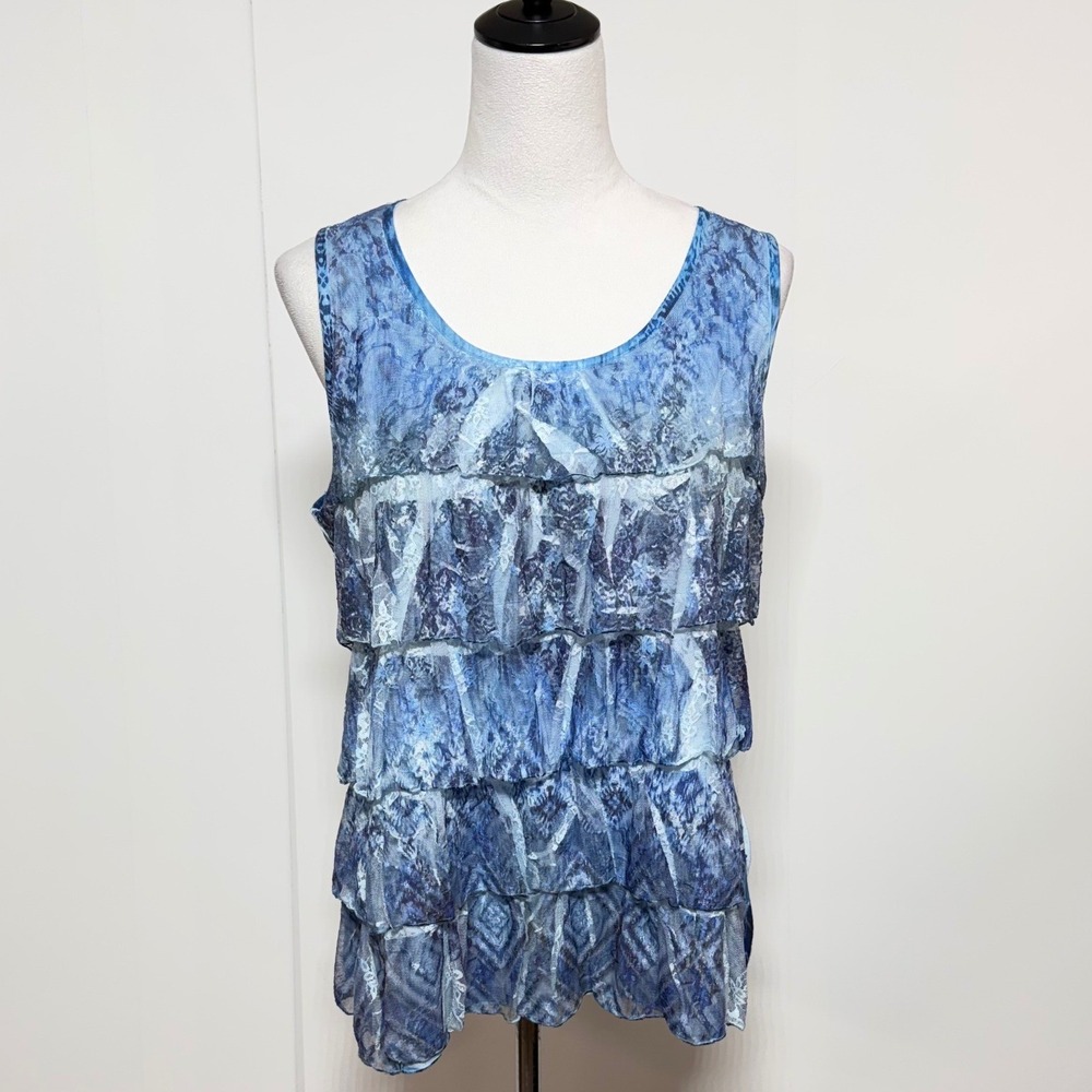 Chicos Top Women Large 2 Blue Reliving Ikats Tiered Ruffle Sleeveless Tank